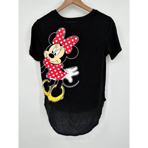 Disney Short Sleeve Shirt Juniors Medium Black Mickey Minnie Holding Hands Graph - Picture 2 of 5